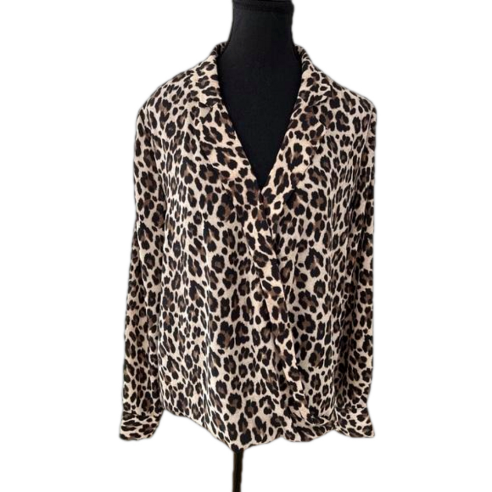 VINCE CAMUTO Leopard Print V Neck Wrap Front Long Sleeve Blouse Party Event Chic